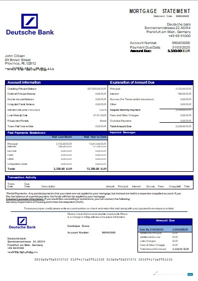 Download Germany Deutsche bank mortgage statement scr Photoshop template